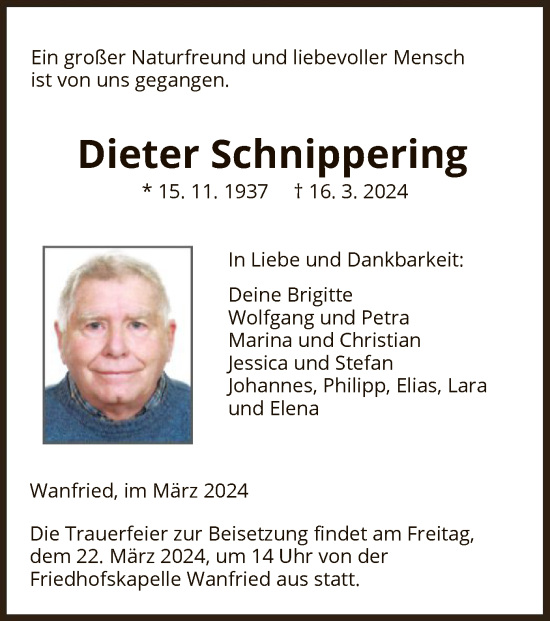 Traueranzeige von Dieter Schnippering von WRS
