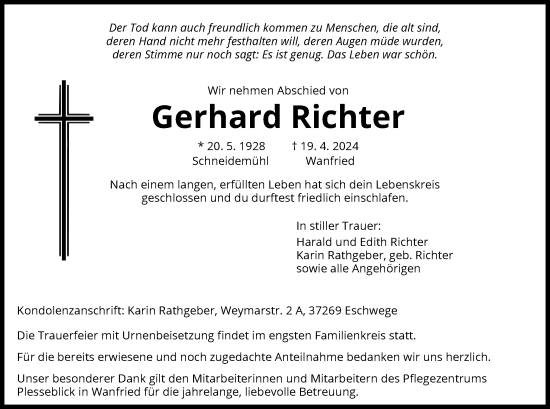 Traueranzeige von Gerhard Richter von WRS