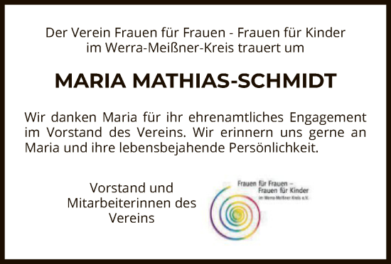 Traueranzeige von Maria Mathias-Schmidt von WRS