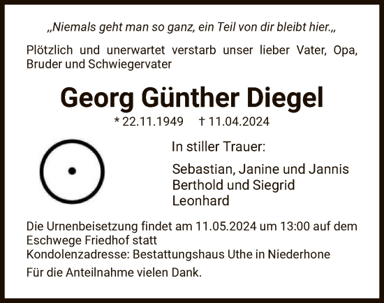 Traueranzeige von Georg Günther Diegel von WRS