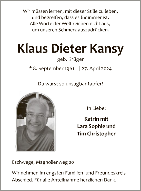Traueranzeige von Klaus Dieter Kansy von WRS