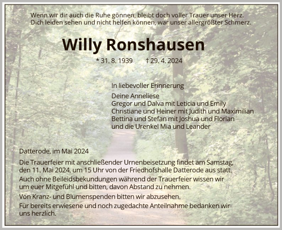 Traueranzeige von Willy Ronshausen von WRS