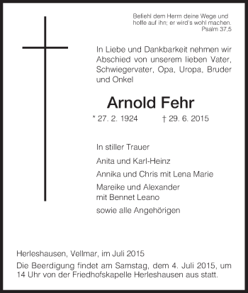 Traueranzeige von Arnold Fehr von Eschwege