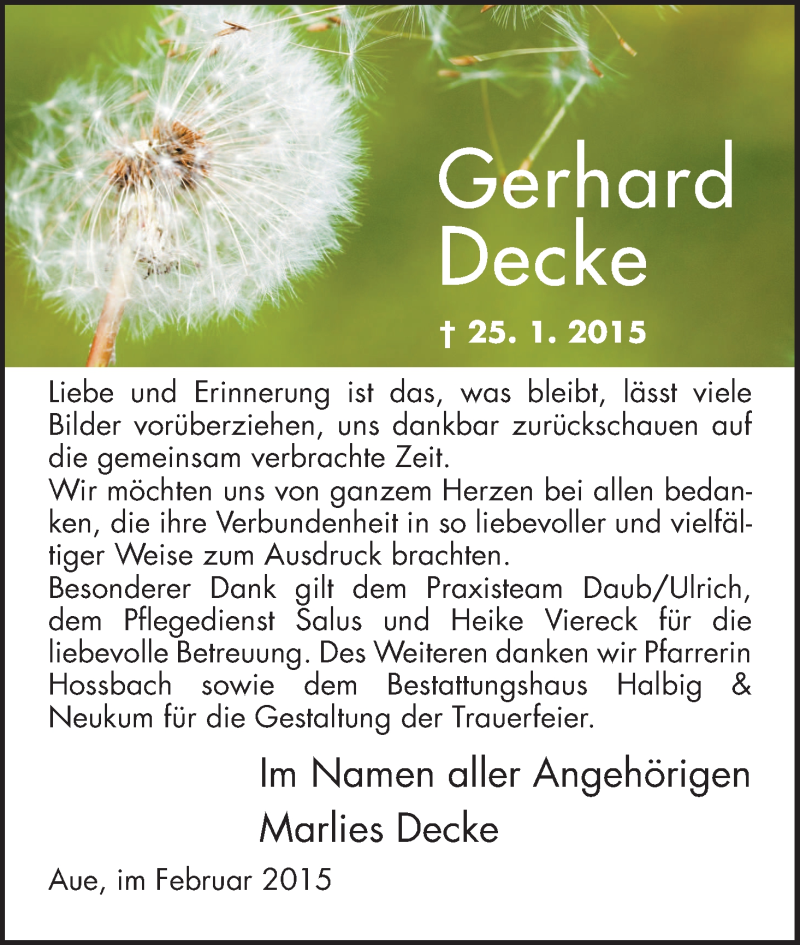  Traueranzeige für Gerhard Decke vom 26.02.2015 aus Eschwege
