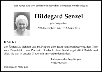 Traueranzeige von Hildegard Senzel von Eschwege