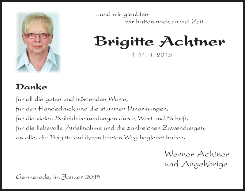 Traueranzeige für Brigitte Achtner vom 31.01.2015 aus Eschwege