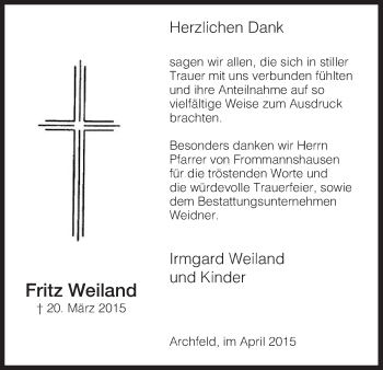 Traueranzeige von Fritz Weiland von Eschwege