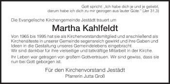 Traueranzeige von Martha Kahlfeldt von Eschwege