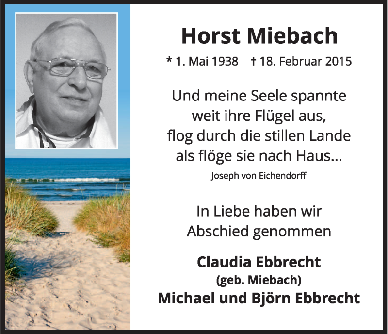  Traueranzeige für Horst Miebach vom 21.02.2015 aus Eschwege