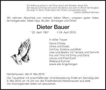 Traueranzeige von Dieter Bauer von Eschwege