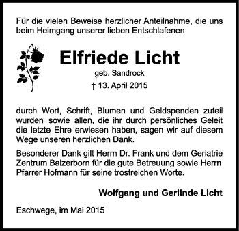 Traueranzeige von Elfriede Licht von Eschwege