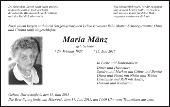 Traueranzeige von Maria Mänz von Eschwege