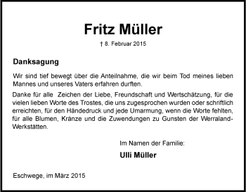 Traueranzeige von Fritz Müller von Eschwege