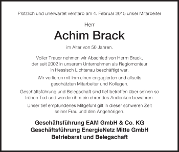 Traueranzeige von Achim Brack von Eschwege