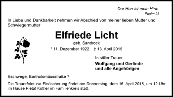 Traueranzeige von Elfriede Licht von Eschwege