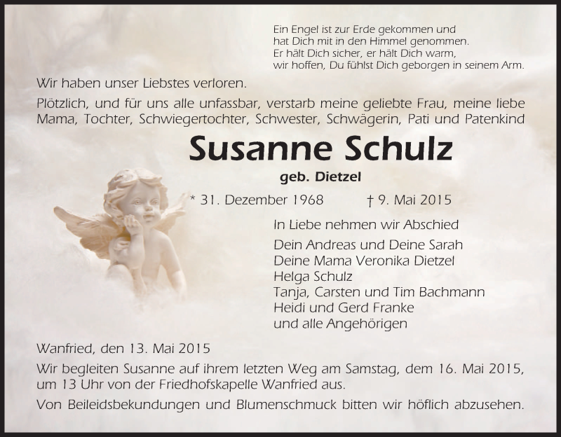  Traueranzeige für Susanne Schulz vom 13.05.2015 aus Eschwege