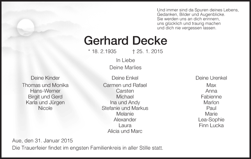  Traueranzeige für Gerhard Decke vom 31.01.2015 aus Eschwege