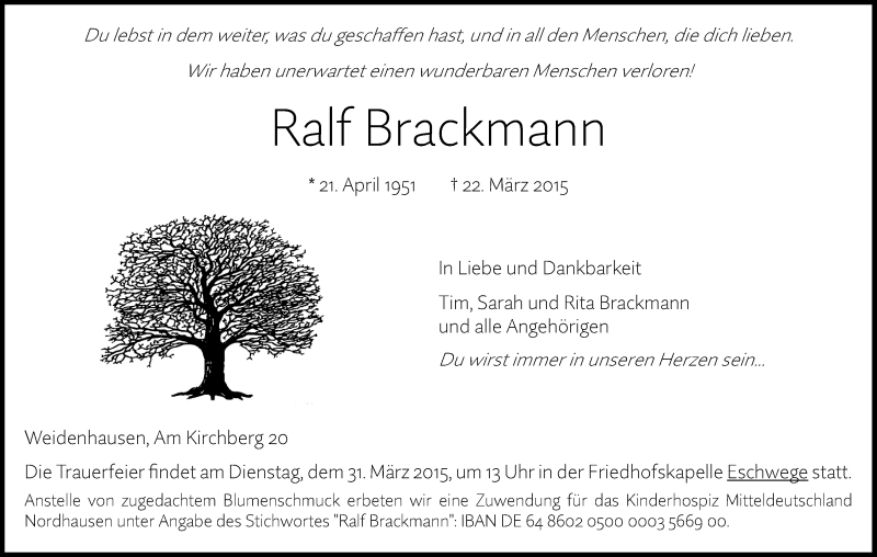  Traueranzeige für Ralf Brackmann vom 27.03.2015 aus Eschwege