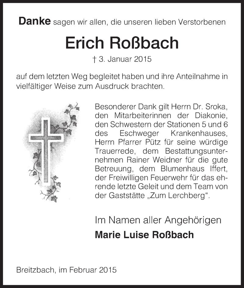  Traueranzeige für Erich Roßbach vom 07.02.2015 aus Eschwege
