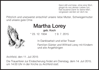 Traueranzeige von Martha Lorey von Eschwege