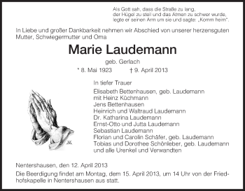 Traueranzeige von Marie Laudemann von Eschwege