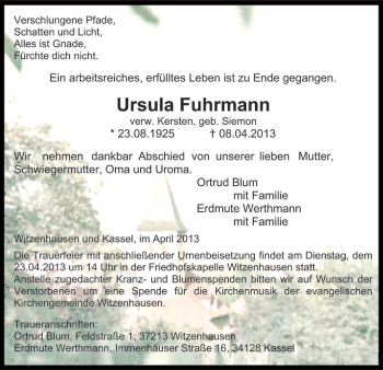 Traueranzeige von Ursula Fuhrmann von Eschwege