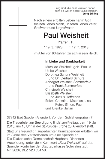 Traueranzeige von Paul Weisheit von Eschwege