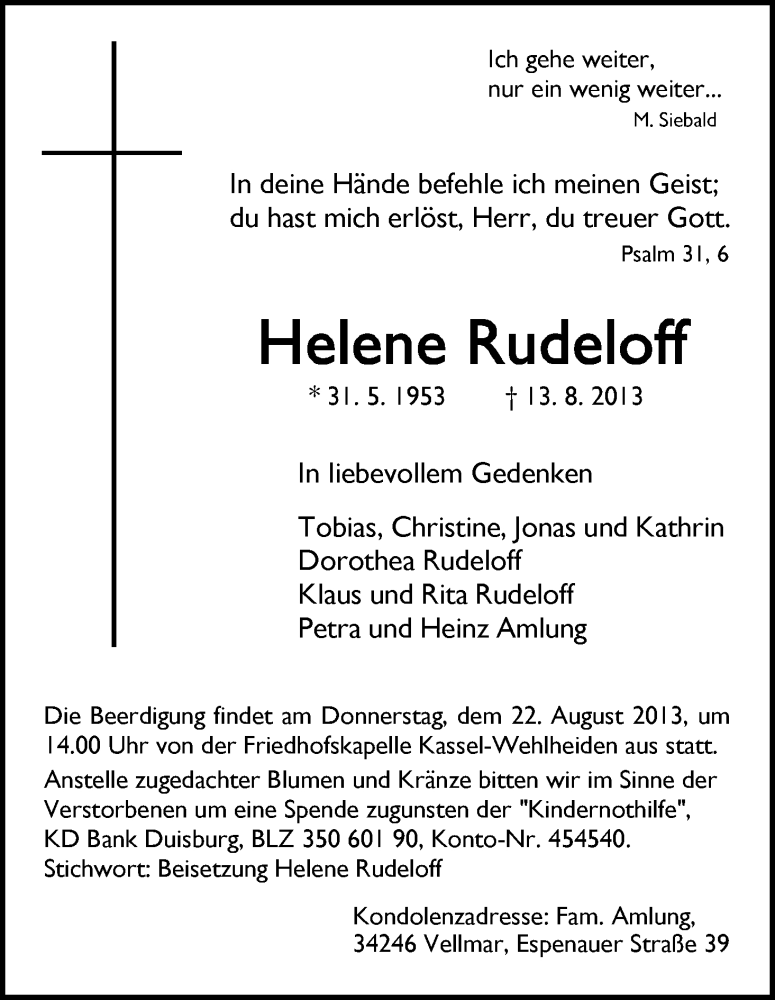  Traueranzeige für Helene Rudeloff vom 17.08.2013 aus Eschwege