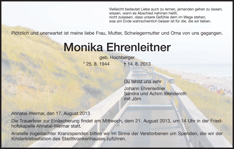  Traueranzeige für Monika Ehrenleitner vom 17.08.2013 aus Eschwege