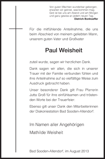 Traueranzeige von Paul Weisheit von Eschwege