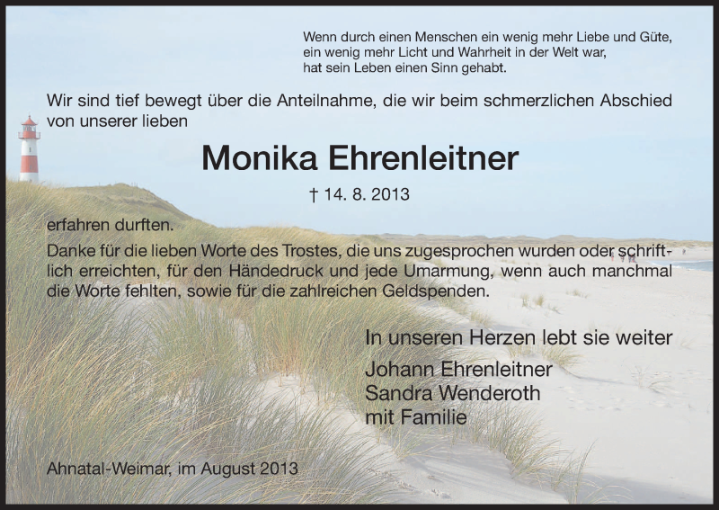  Traueranzeige für Monika Ehrenleitner vom 31.08.2013 aus Eschwege