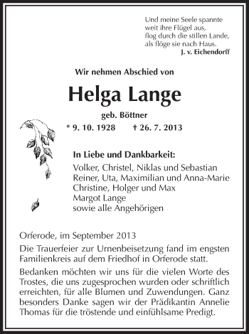 Traueranzeige von Helga Lange von Eschwege