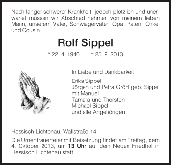 Traueranzeige von Rolf Sippel von Eschwege