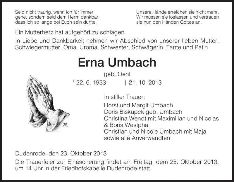  Traueranzeige für Erna Umbach vom 23.10.2013 aus Eschwege