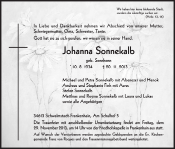 Traueranzeige von Johanna Sonnekalb von Eschwege