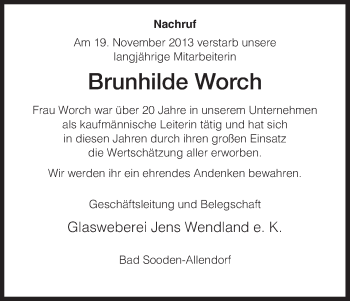 Traueranzeige von Brunhilde Worch von Eschwege