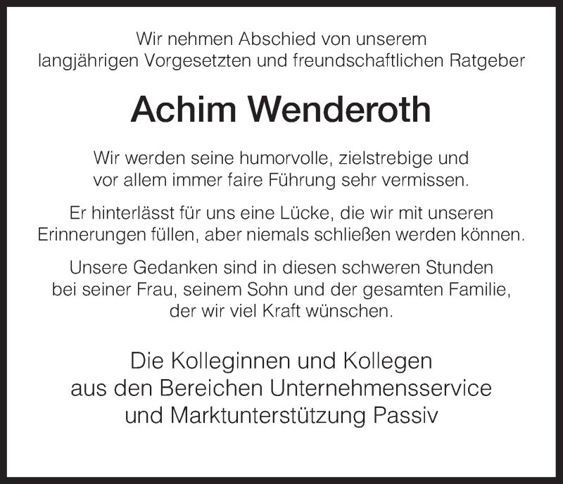 Traueranzeige für Achim Wenderoth vom 01.02.2014 aus Eschwege