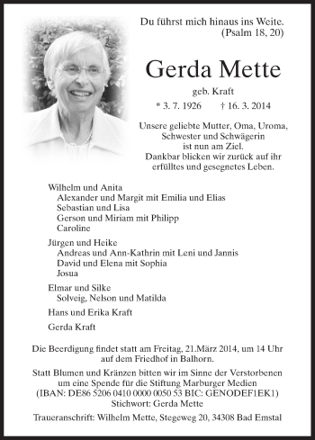 Traueranzeige von Gerda Mette von Eschwege