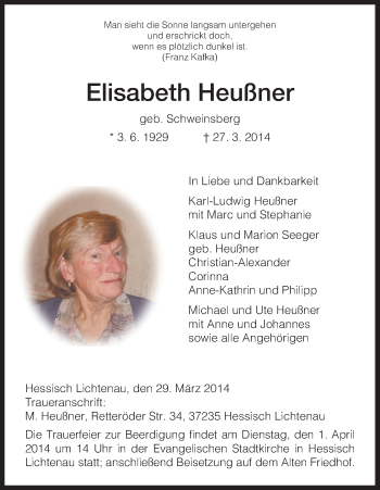 Traueranzeige von Elisabeth Heußner von Eschwege