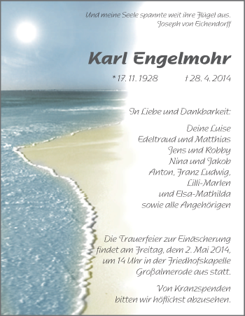 Traueranzeige von Karl Engelmohr von Eschwege