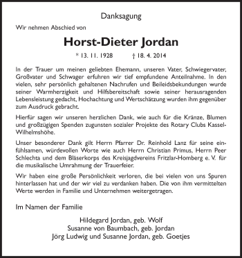 Traueranzeige von Horst-Dieter Jordan von Eschwege