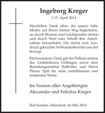 Traueranzeige von Ingeborg Kreger von Eschwege