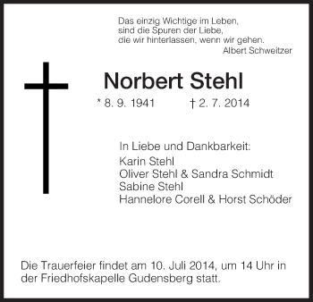 Traueranzeige von Norbert Stehl von Eschwege