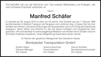 Traueranzeige von Manfred Schäfer von Eschwege