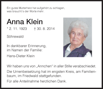 Traueranzeige von Anna Klein von Eschwege