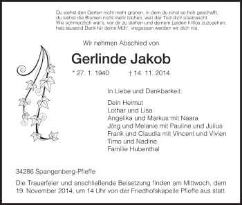 Traueranzeige von Gerlinde Jakob von Eschwege