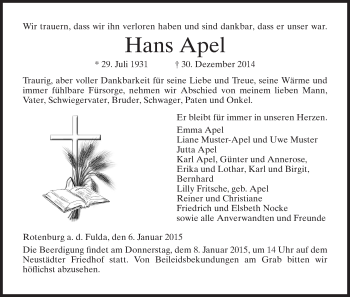 Traueranzeige von Hans Apel von Eschwege