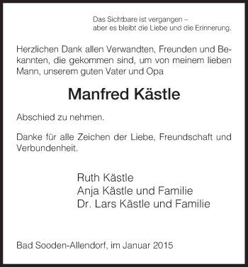 Traueranzeige von Manfred Kästle von Eschwege