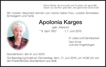 Traueranzeige von Apolonia Karges von Eschwege