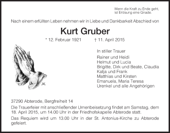 Traueranzeige von Kurt Gruber von Eschwege